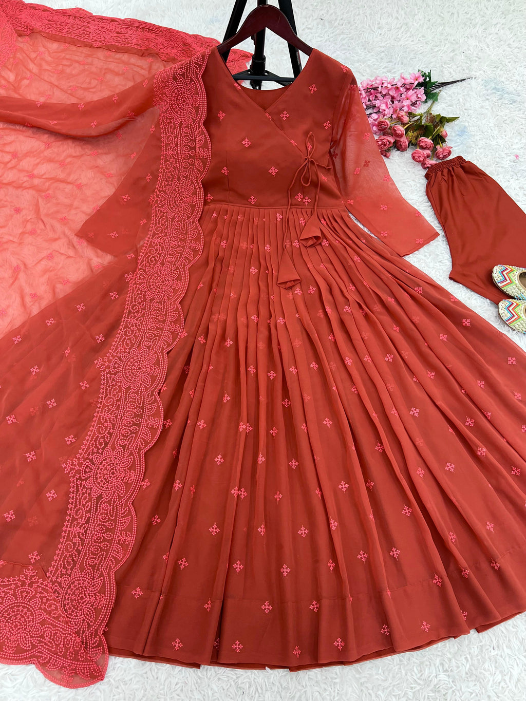 Designer Collection In Faux Georgette With Embroidery Work Gown And Dupatta Set Fully Stitched Ready To Wear