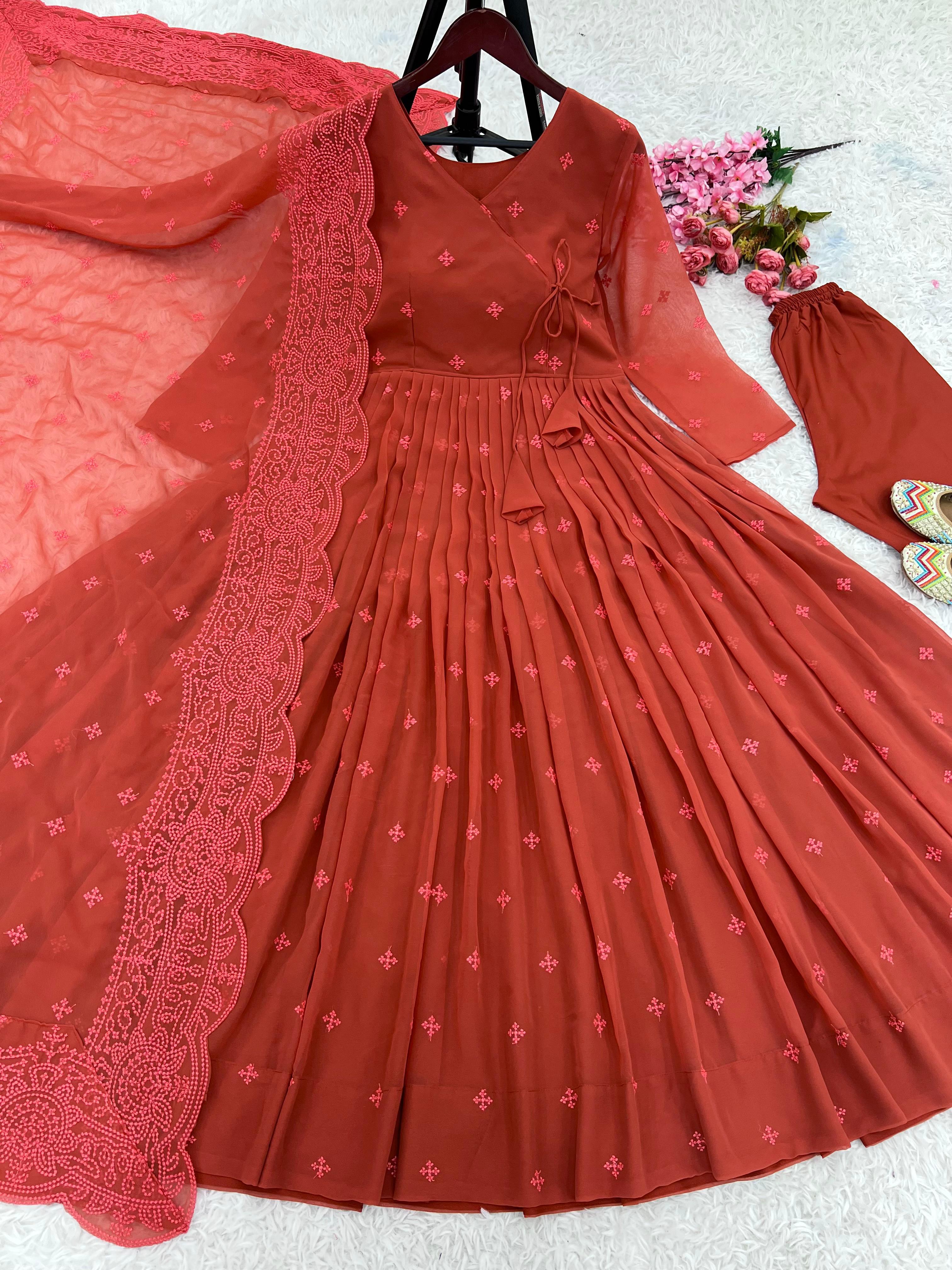 Designer Collection In Faux Georgette With Embroidery Work Gown And Dupatta Set Fully Stitched Ready To Wear