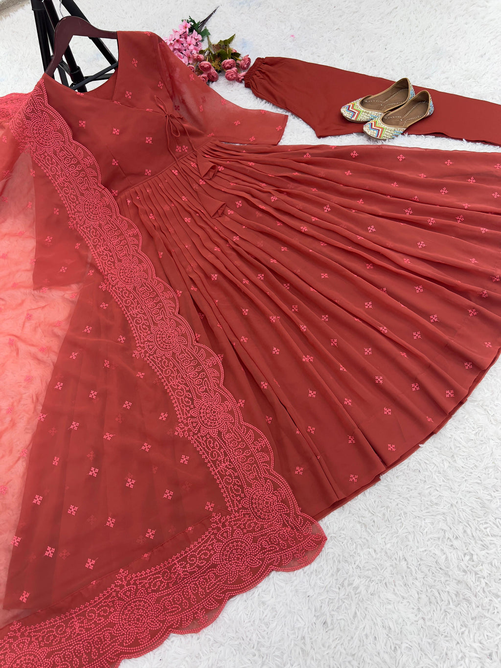 Designer Collection In Faux Georgette With Embroidery Work Gown And Dupatta Set Fully Stitched Ready To Wear