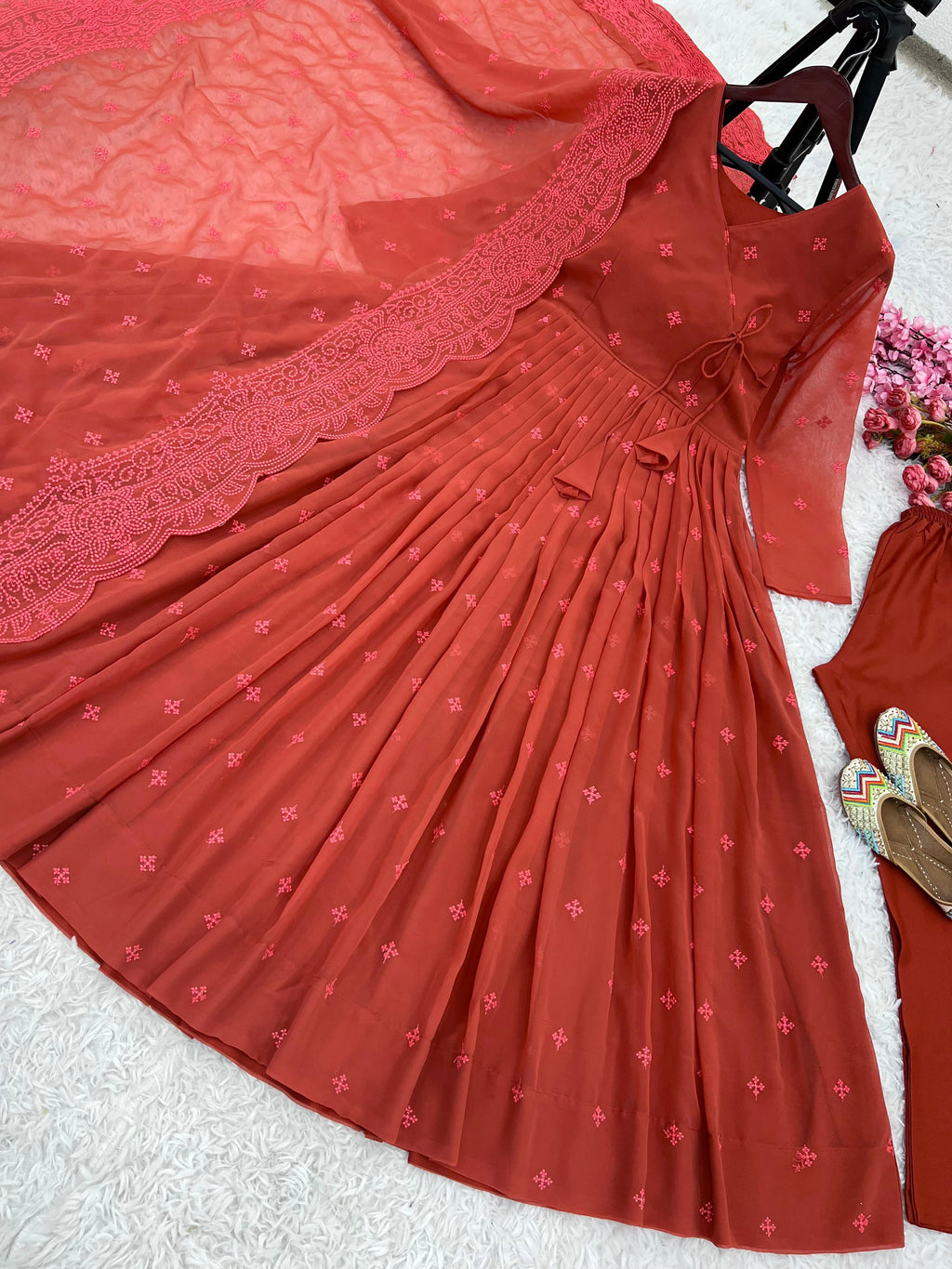 Designer Collection In Faux Georgette With Embroidery Work Gown And Dupatta Set Fully Stitched Ready To Wear