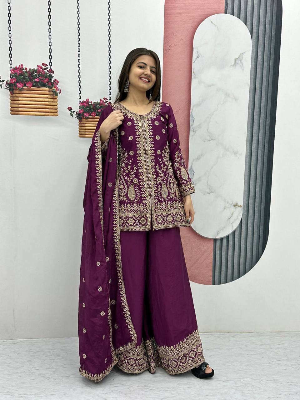 Designer Party Wear Top Plazzo & Dupatta Set👗